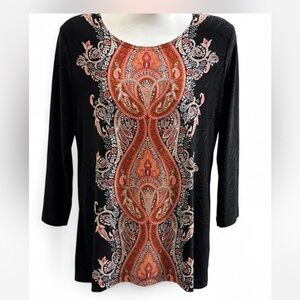 JM Collection Black Long-Sleeve Tunic with Rust Paisley Panel